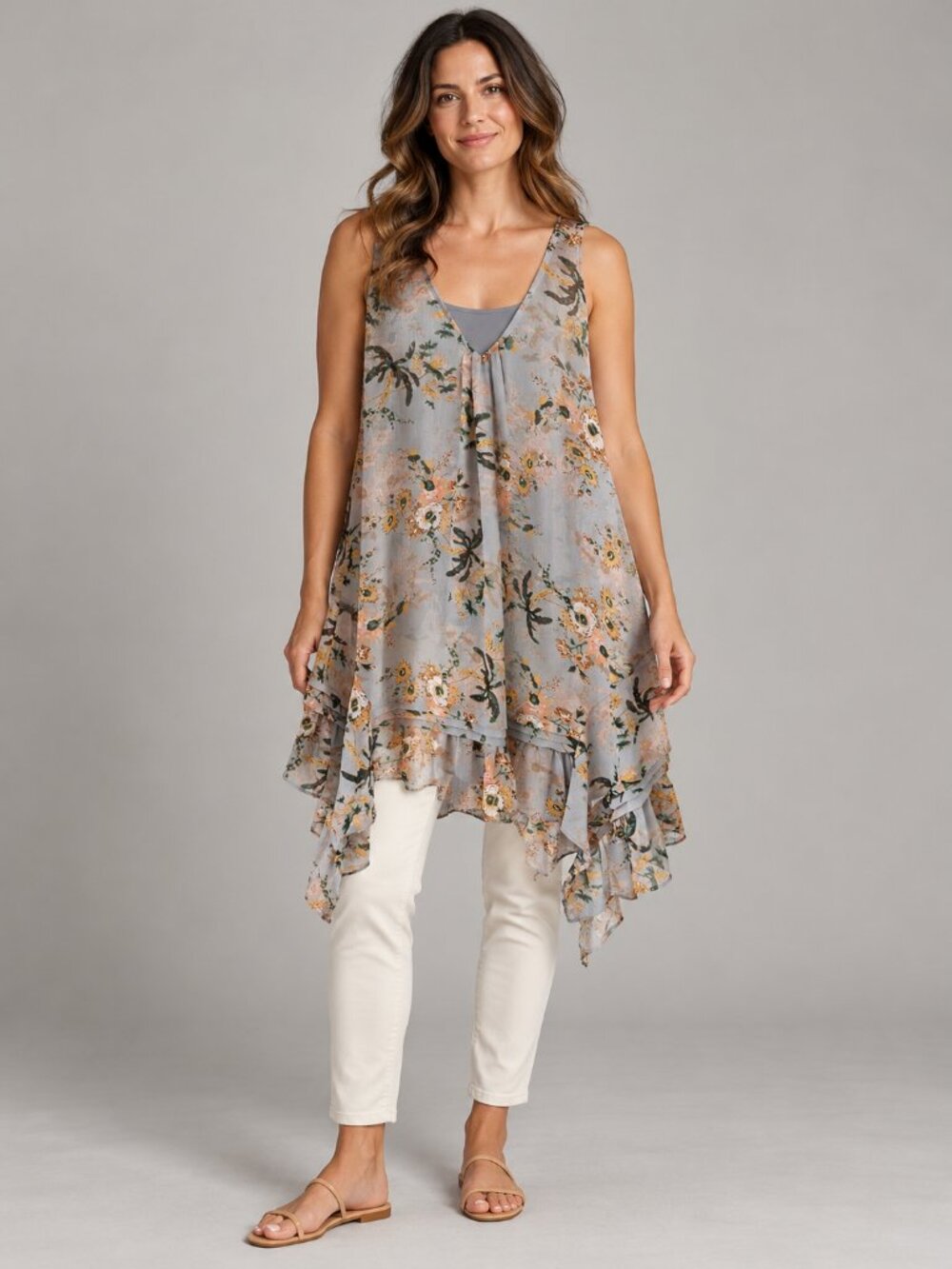 Maeve Anthropologie Grey Floral Ruffle Handkerchief Tunic Top – Large